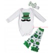St Patrick's Day White Baby Jumpsuit Mustache Sparkle Kelly Green Hat Print & White Headband Clover Silk Bow & Kelly Green Ruffles Clover White Leg Warmer Set TH560